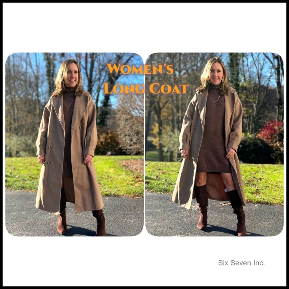 Long Wool Blend Pea Coat with Notched Lapel Collar Double Breasted - Picture 7 of 7